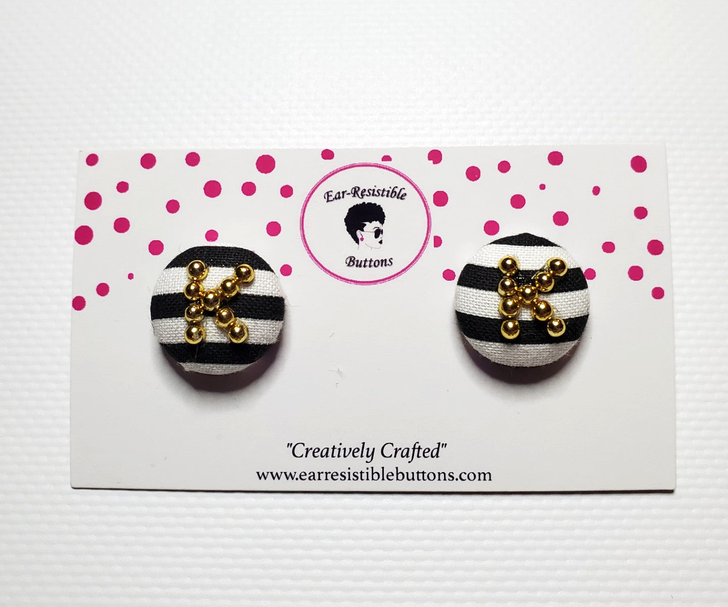 Custom Initial Black & White Striped Buttons