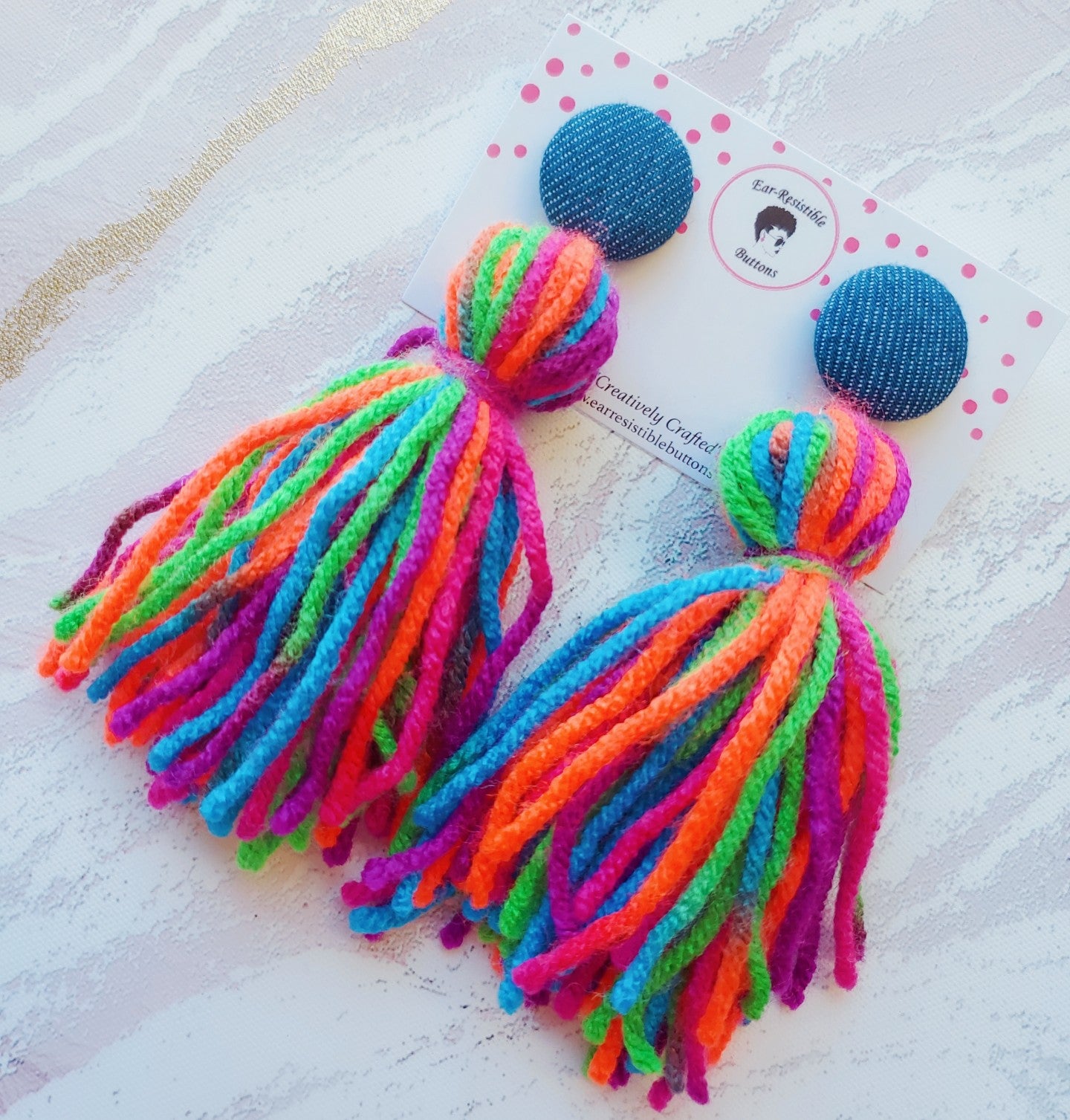 Denim Surprise Yarn Tassel Earrings