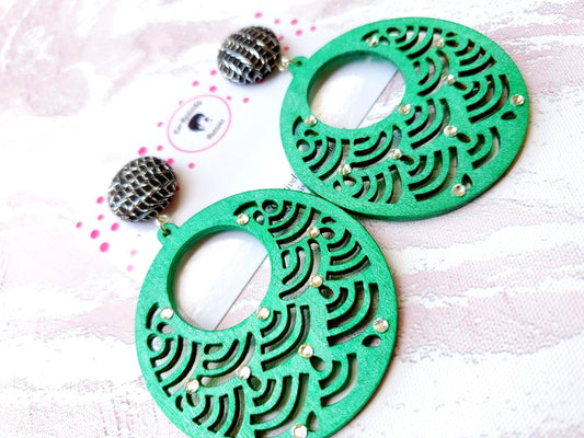 Green Ornament Wooden Earrings