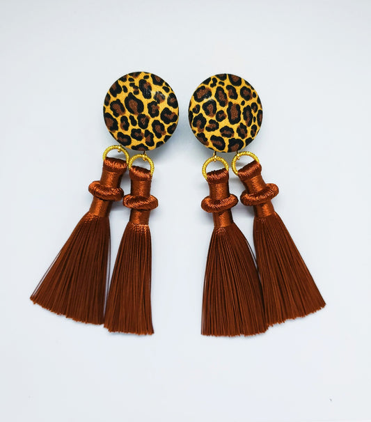 Cheetah Buttons W/ Brown Tassel Earrings