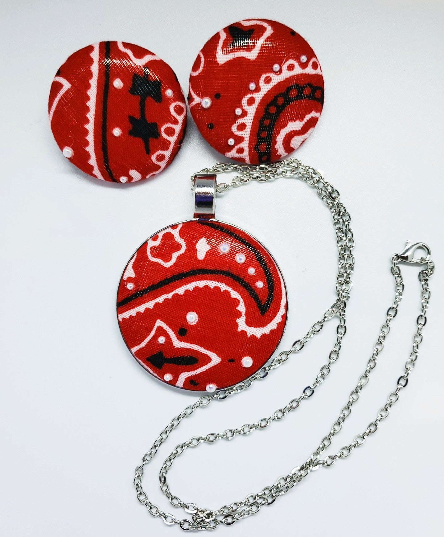 Red Bandana Button Earring & Necklace Set