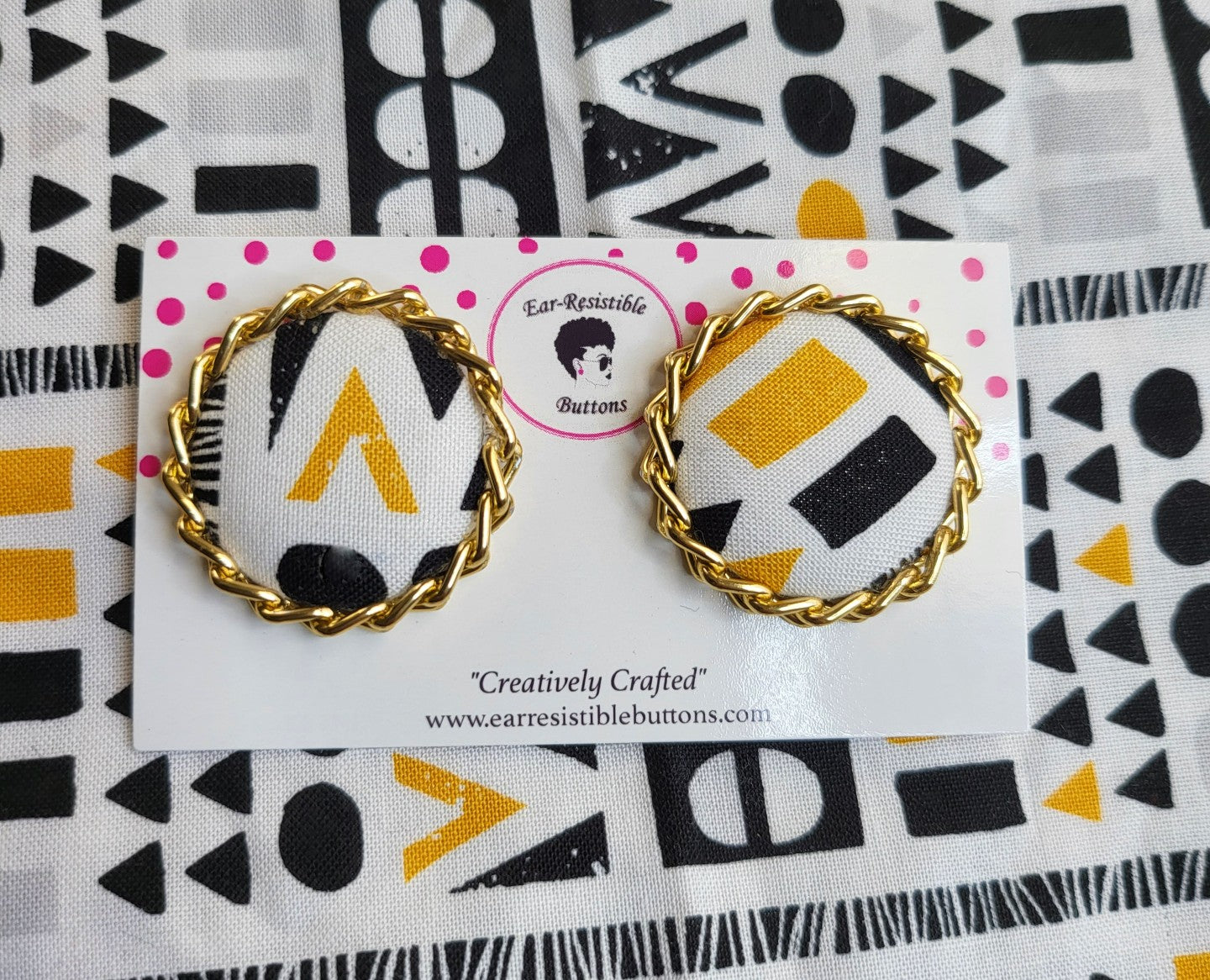 Gold Chain Tribal Print Button Earrings