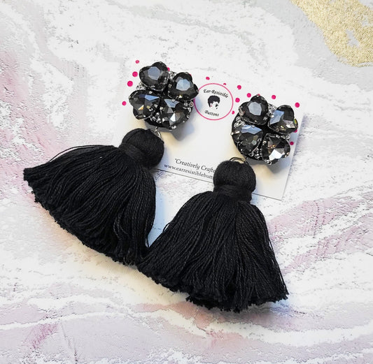 Black Jeweled Button Tassel Earrings