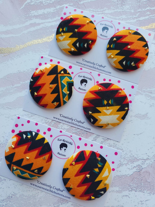 Tribal Fabric Covered Button Earrings