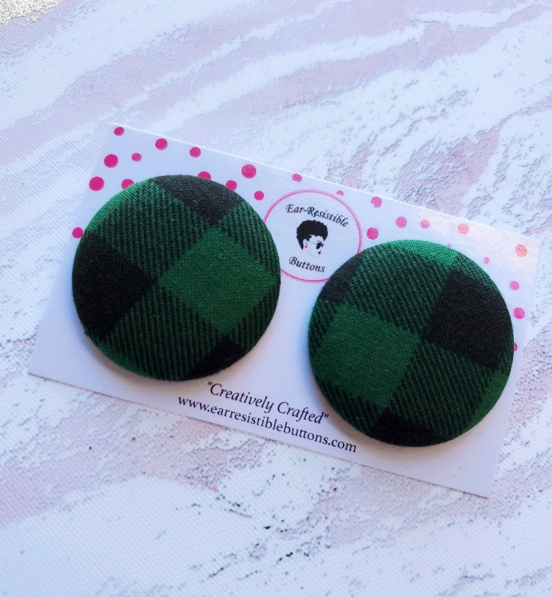 Green Buffalo Plaid Button Earrings