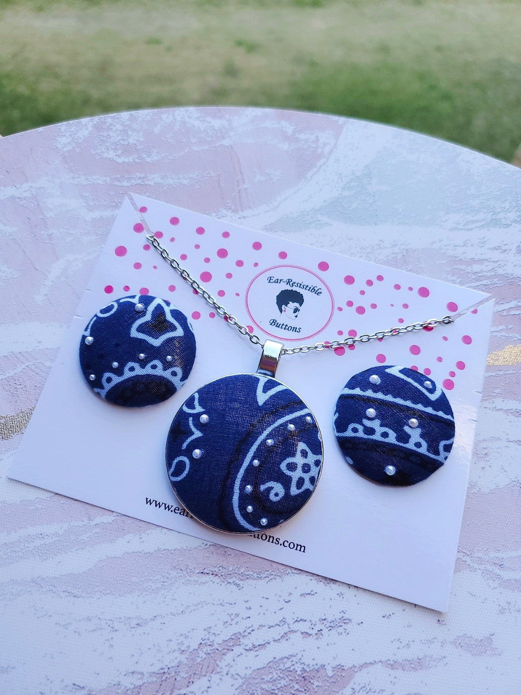 Blue Bandana Button Earring & Necklace Set