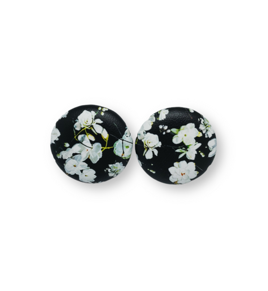 Black & White Rose Faux Leather Button Earrings