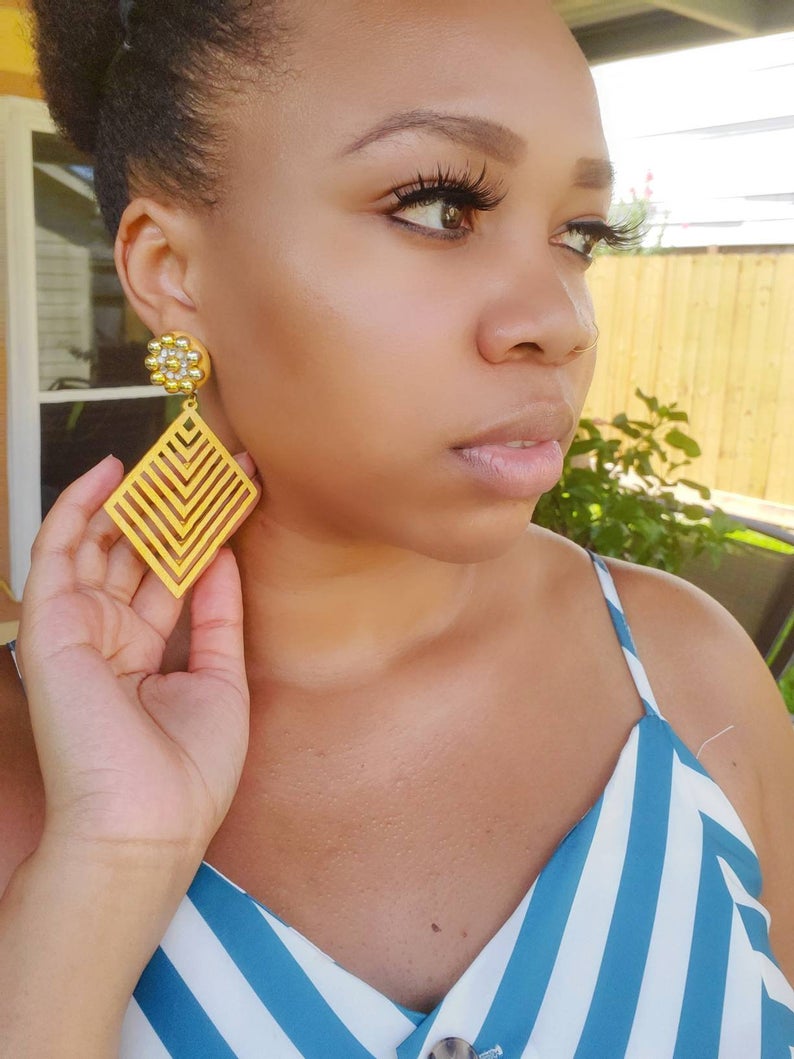 Golden Diamond Wooden Earrings